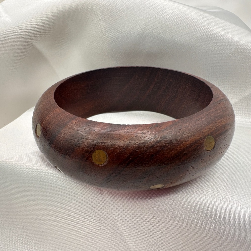 Vintage 90s Wooden Bracelet Brass Tone Dot Statement Women's Classic Jewelry